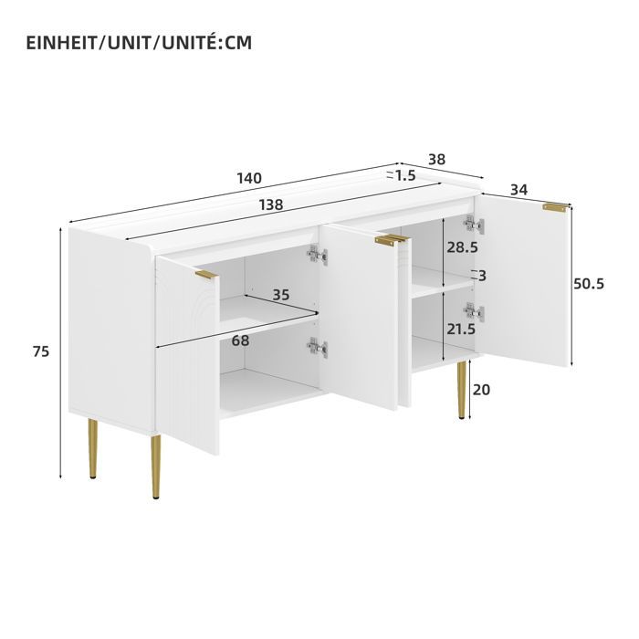Aparador moderno blanco de 140 cm, mueble de comedor con espacio de almacenamiento y 4 puertas, estantes ajustables, patas de metal dorado.