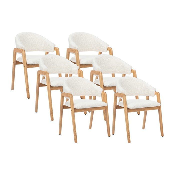 Lot de 6 chaises avec accoudoirs en tissu bouclette et bois d'hévéa - Blanc et naturel - SOLUNA