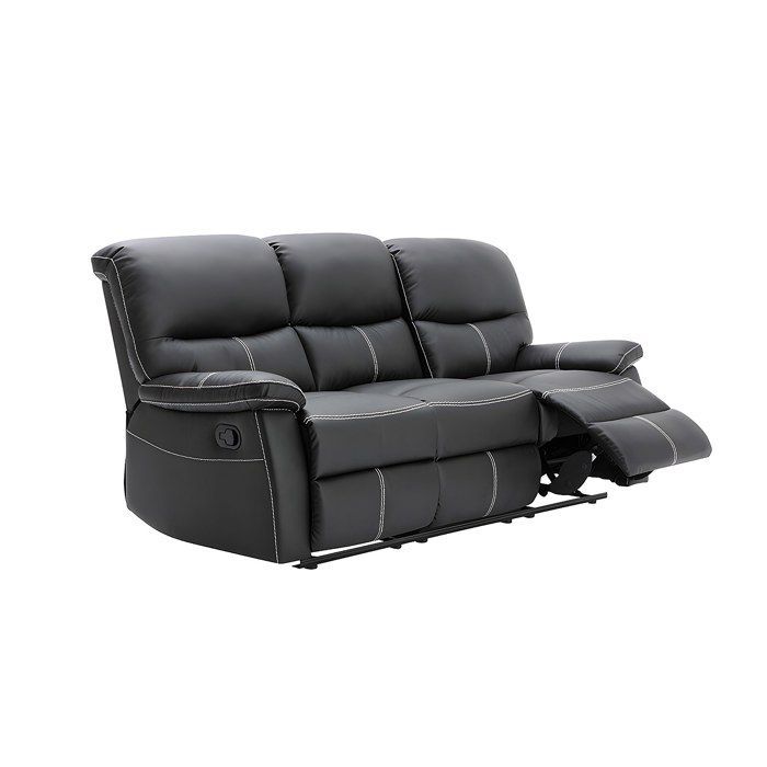 Sofá de 3 plazas y sillón reclinable CANBY en piel sintética negra.