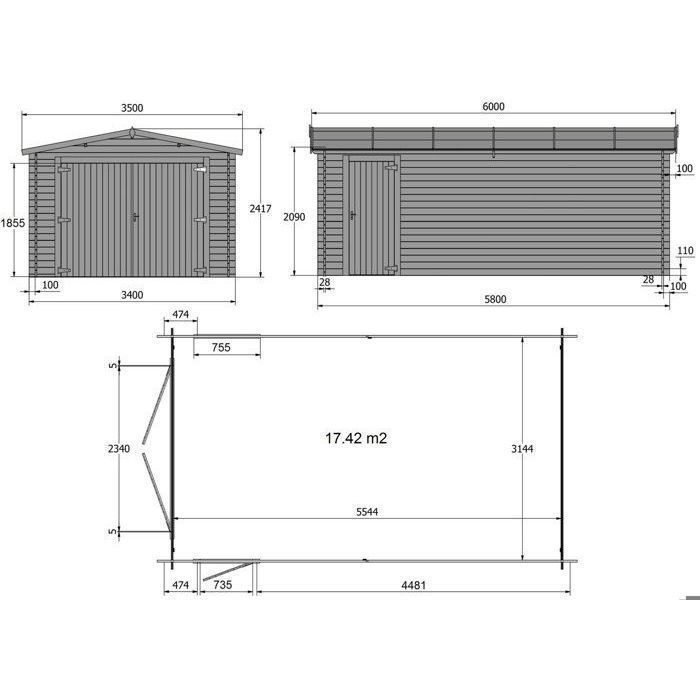 Garage en bois, ep 28mm, surface utile 17.42m², INT013
