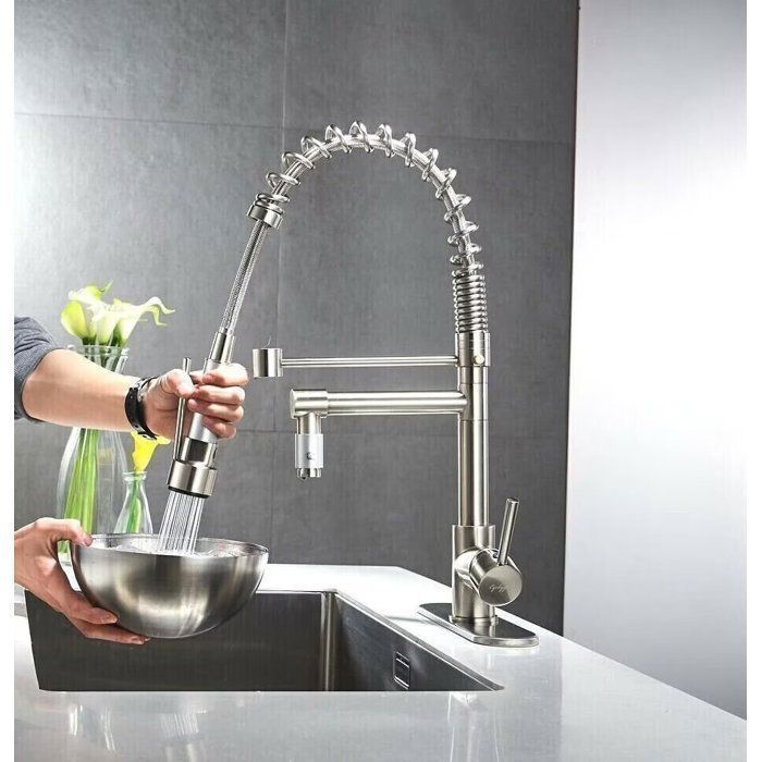 Robinet Cuisine avec 2 Jets Robinetterie à Ressort Mitigeur Cuisine Rotatif à 360°  Froid & Chaud Disponible Brossé