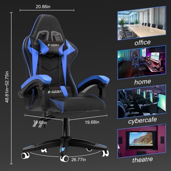 Gamingstoel - Ergonomische gamingstoel - BIGZZIA - Kantelbaar van 90° tot 135° - Zwart en blauw