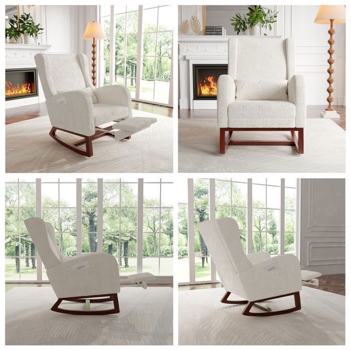 Sedia a dondolo - SOMUBI - Lana d'agnello - Legno massello - Stile scandinavo - Bianca