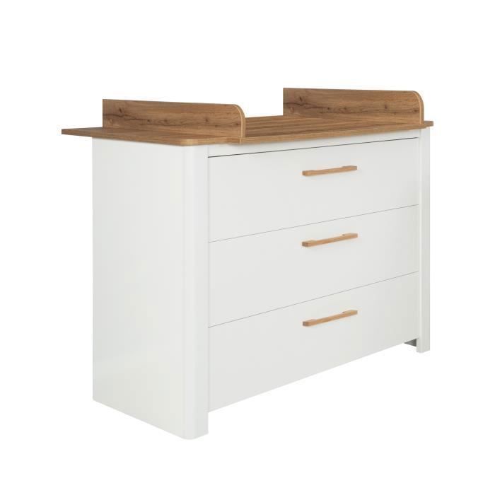 Commode à Langer ROBA Ava - 3 Tiroirs - Poignées en Bois Massif - Blanc - Aspect Chêne