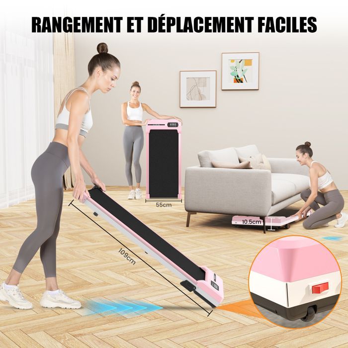Tapis de course 1-8 km/h avec télécommande et écran LCD - Surface de course 92 x 38,5 cm Rose pour débutants