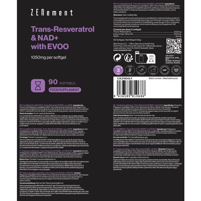 Trans-resveratrolo e NAD+ con HOVE Bio 1050 mg per capsula - 90 capsule