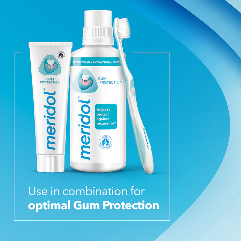 Meridol Gum Protection tandpasta ondersteunt de regeneratie van geïrriteerd tandvlees.