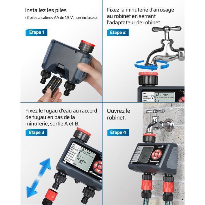 DEWENWILS Programmateur d'arrosage extérieur 2 voies - 4 programmes par zone- minuteur d'arrosage automatique pour jardin - étanche