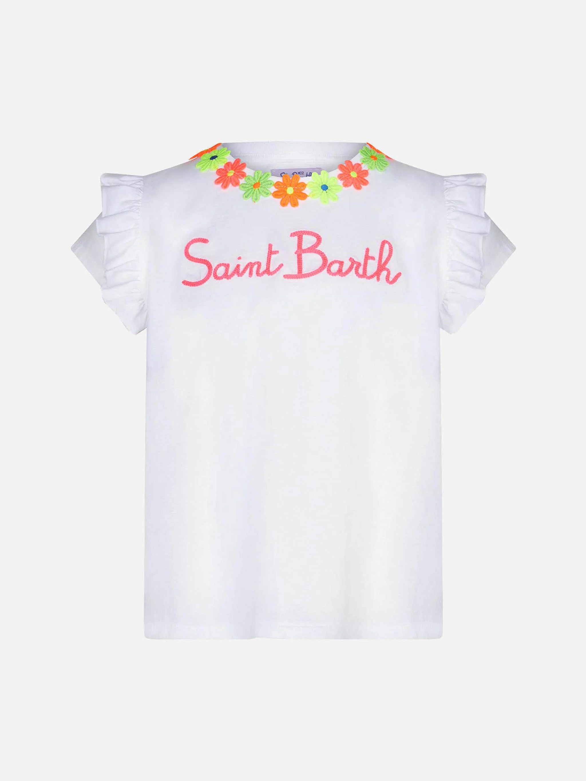 T-shirt da bambina in cotone con balza e ricamo