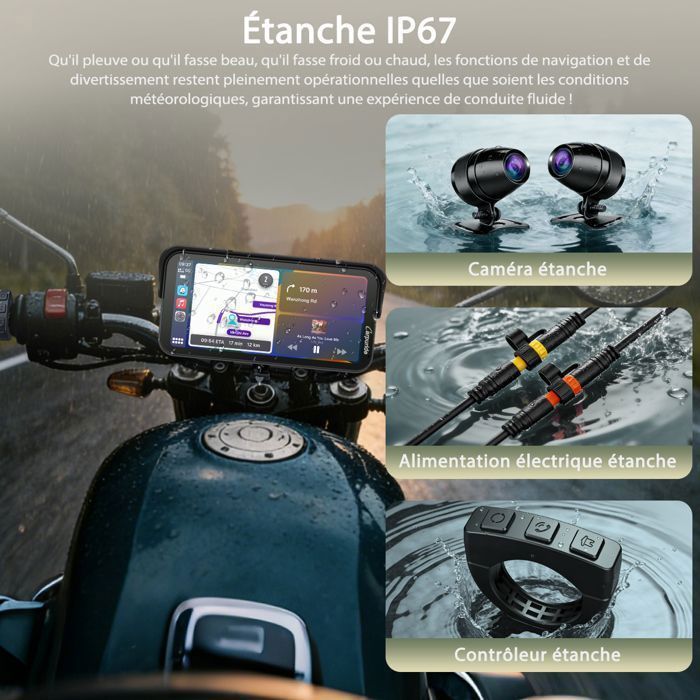 CARPURIDE W603D Radio para motocicleta de 6,3 pulgadas con pantalla CarPlay, cámara dual HD, CarPlay inalámbrico y Android Auto, control por cable.
