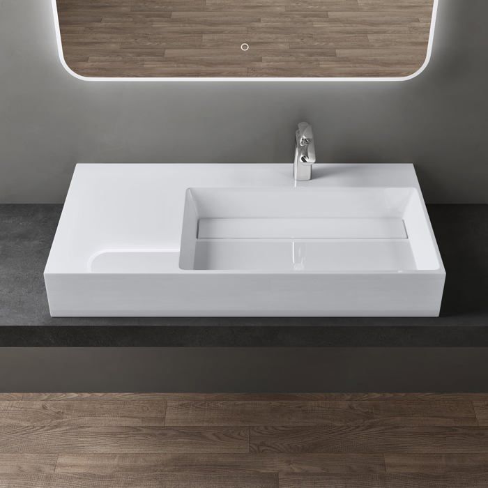 Lavabo mural doporro, blanco, 90 cm, lavabo de encimera con desagüe, lavabo rectangular, 90 x 48 x 13 cm, Colossum12-R