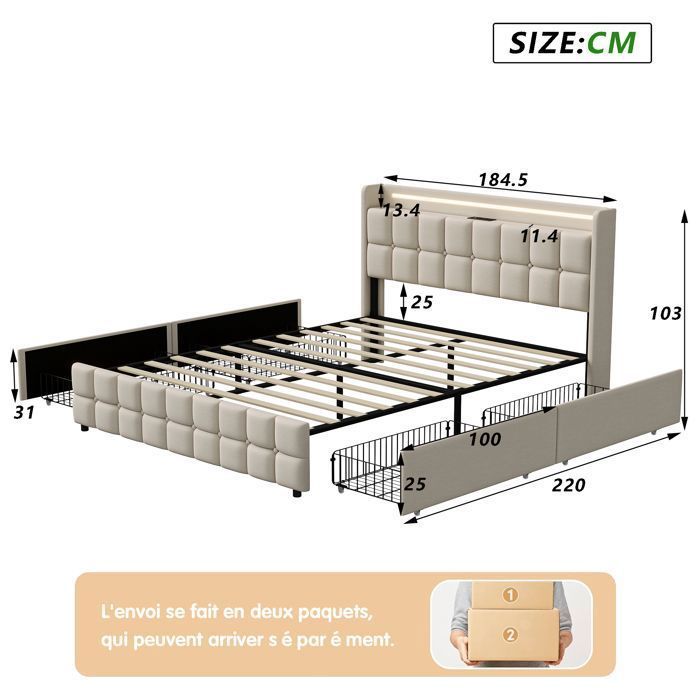 Cama doble LUMINARIX de 180x200 cm - Beige - LED y USB - 4 cajones - Diseño contemporáneo