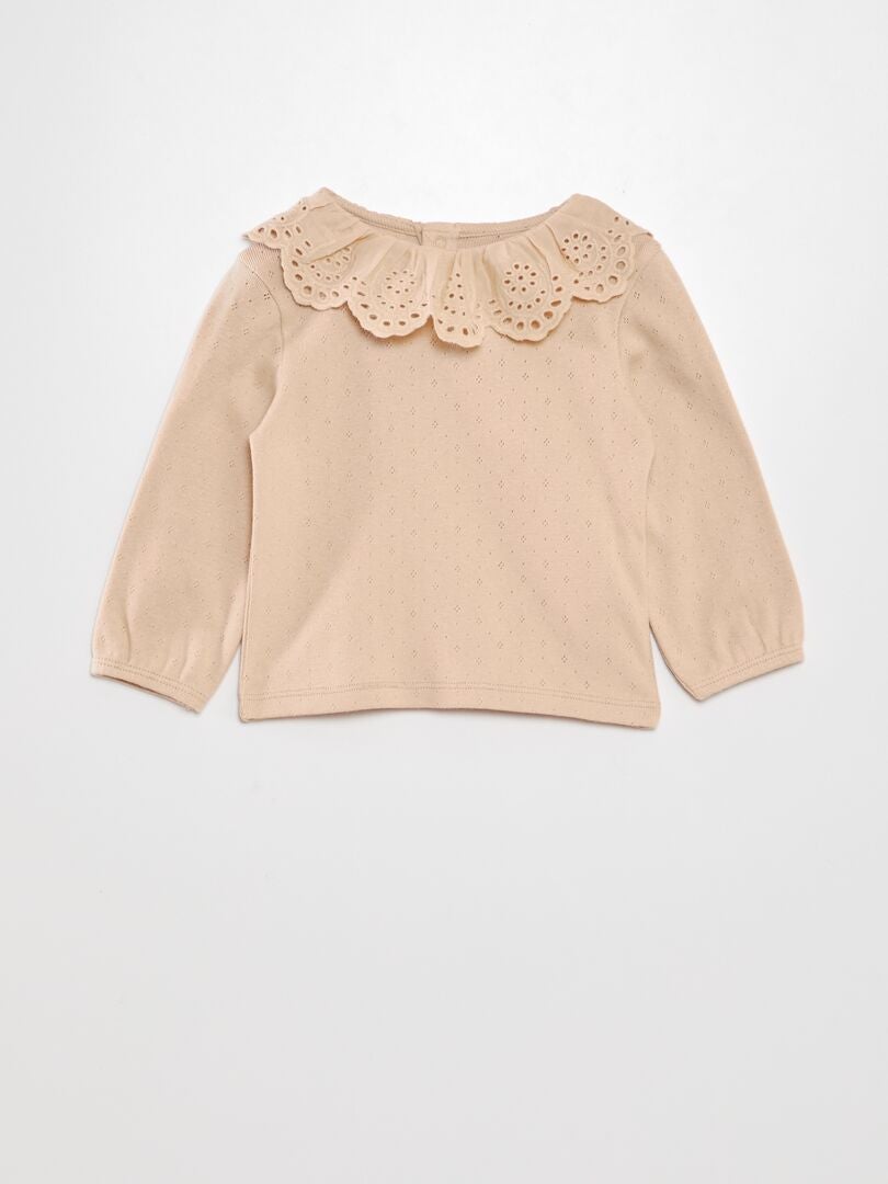 Gebreid T-shirt met pointelle-details - BEIGE