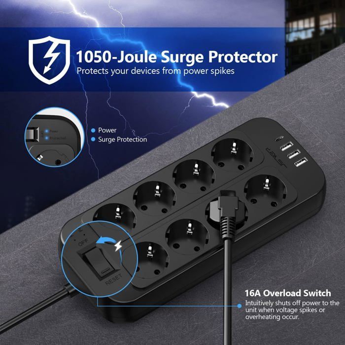 Multiprise 8 Prises avec 1 Port USB C,3 Port USB A (5V3,4A/17W) Parasurtenseur Parafoudre et Surtension avec Interrupteur Cordon 2m