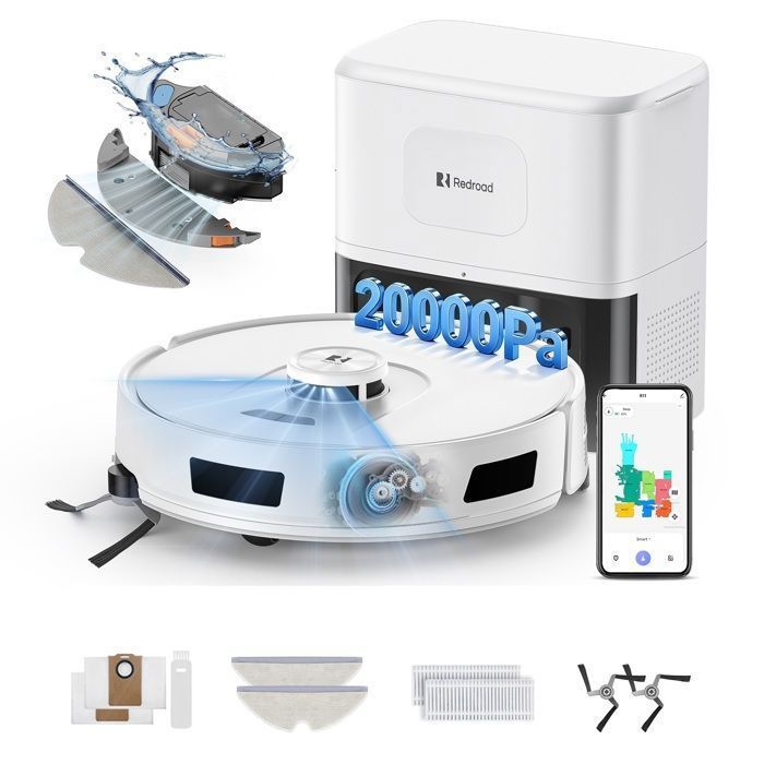 Robot aspirapolvere e lavapavimenti 4 in 1, 20000 Pa - Redroad R11 - Autonomia 200 min, svuotamento automatico, con navigazione LiDAR, ricarica automatica, con app