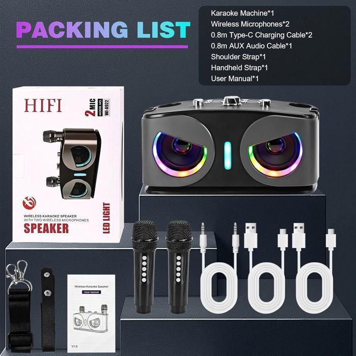 Máquina de karaoke con 2 micrófonos inalámbricos, sistema de karaoke portátil Bluetooth con forma de búho y luces de discoteca, compatible con TV/USB/AUX/TF/FM.