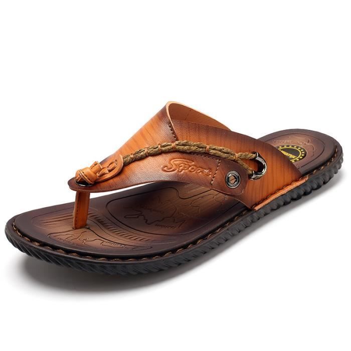 Tongs Homme en Cuir - Antidérapantes pour Piscine et Plage - Marron