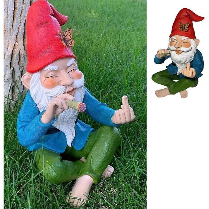 Gnomo da giardino con il dito medio, Gnomo da giardino per esterni, Decorazione per patio, Balcone (A) Etichetta