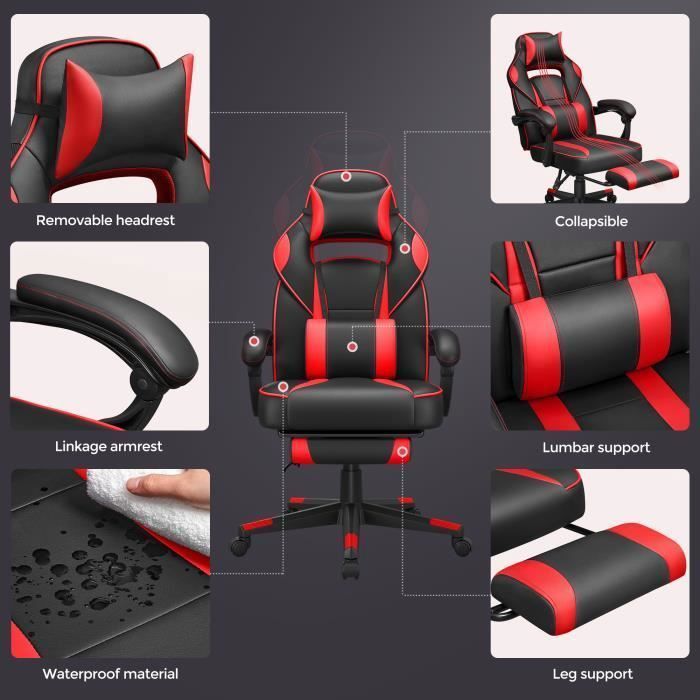 SONGMICS Gaming-Stuhl, Bürostuhl, verstellbar, Teleskop-Fußstütze, Wippmechanismus, 150 kg Belastbarkeit, Schwarz und Rot