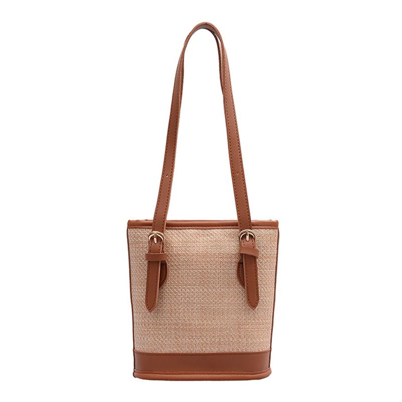 Sac bandoulière en paille tendance pour femme, bandoulière ajustable en cuir PU, fermeture éclair, sac seau, cabas pour les vacances d'été à la plage.