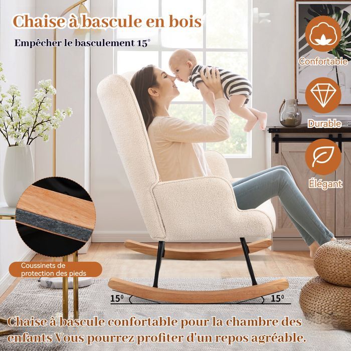 Fauteuil à bascule - SOMUBI - Beige - Bois massif - Cadre en métal - Dossier haut et rembourré