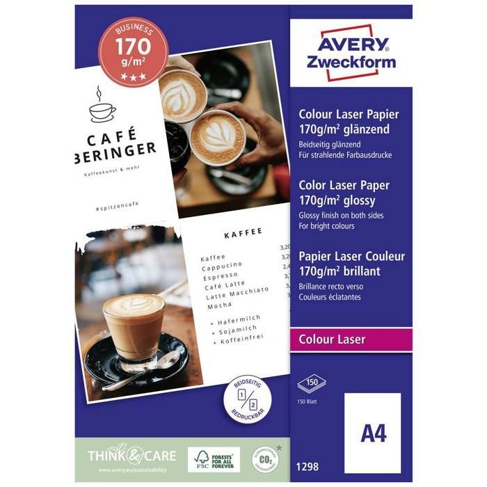 Papier photo A4 Avery Zweckform 1298 170g recto-verso pour imprimante laser couleur - Paquet de 200 feuilles