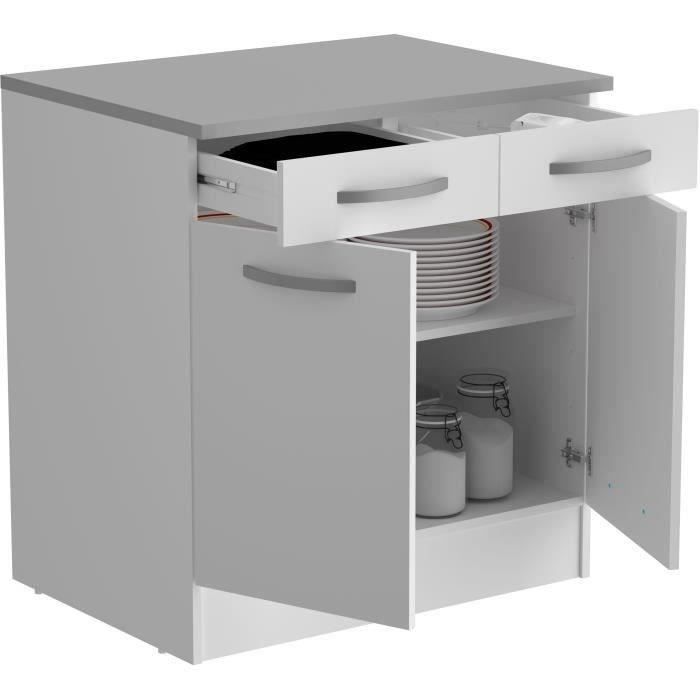 Mobile basso OSLO con 2 ante + 2 cassetti + piano di lavoro - Bianco - L 80 x P 60 x H 86 cm