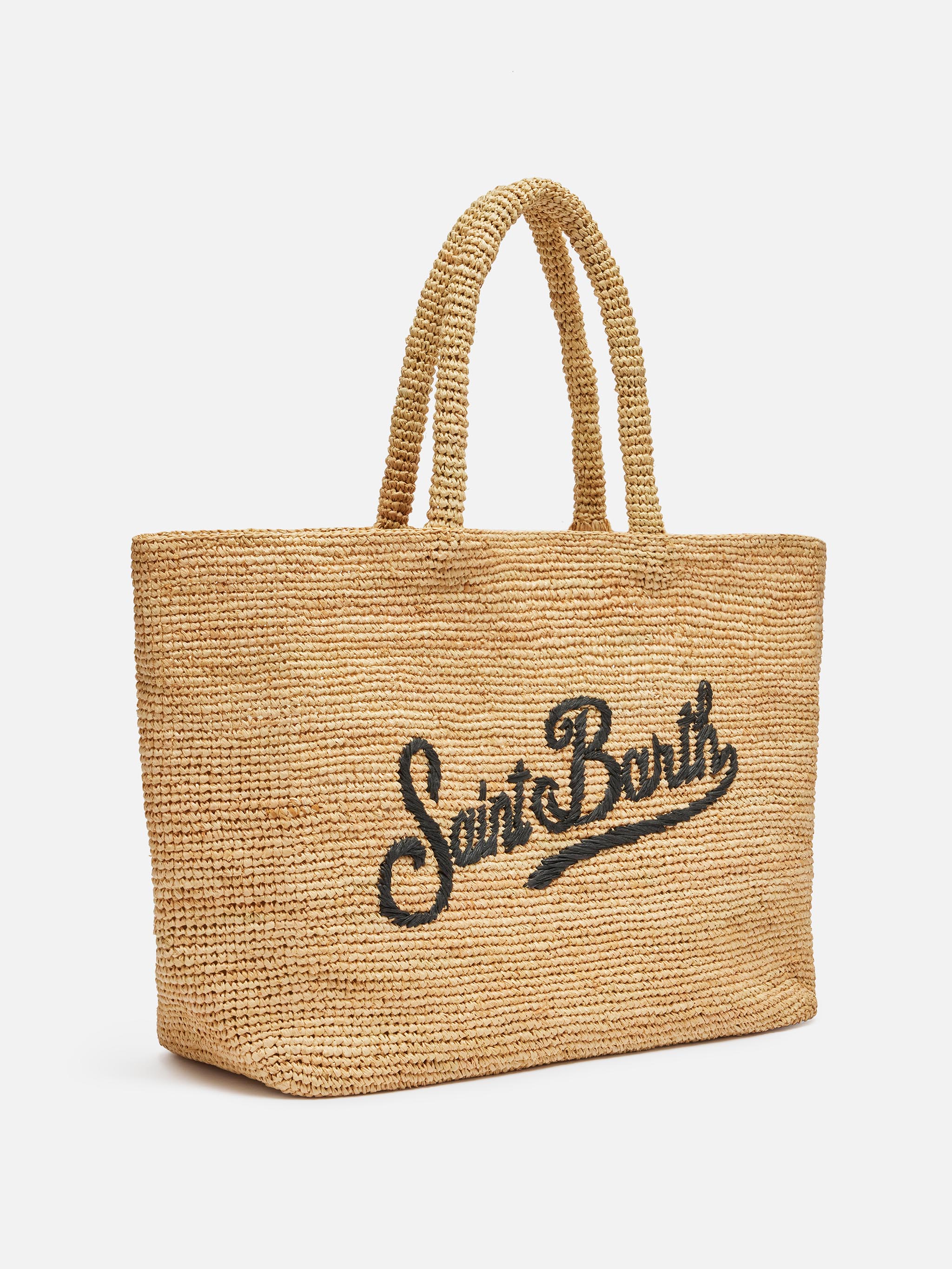Beige raffia strandtas met katoenen binnenetui
