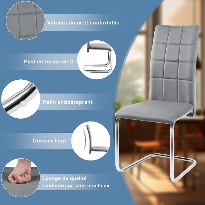 Chaises Salle à Manger Lot de 6, Chaise Pied Luge Rembourrée Epais, Chaise Cantilever en Velours, Gris Foncé E0AG0045-6