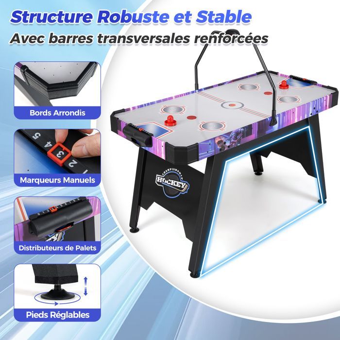 COSTWAY Airhockeytafel, 12V-motor, luchtkussen, LED-digitale scoreweergave, dispensers, 2 puckwerpers, speeloppervlak 133x65 cm