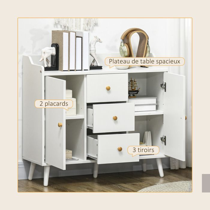 Aparador - HOMCOM - 2 puertas, 3 cajones y patas de madera maciza - estilo moderno - aglomerado - 90 x 32 x 80 cm - blanco