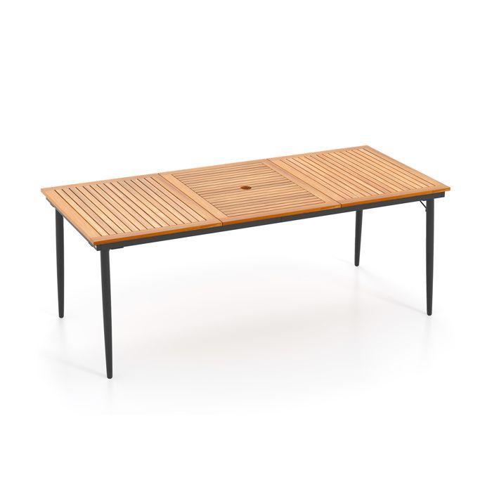 GIANTEX Table à Manger de Jardin Rectangulaire en Acacia, pour 8 Personnes, Pieds en Métal, Trou pour Parasol, 200 x 90 x 75 cm
