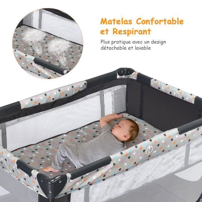 Lit Bébé 3 en 1 De la naissance à 3 Ans COSTWAY avec Matelas,Sac de Transport-Pliage Facile-2 Roulettes 15KG 125 x 65 x 76CM-Gris