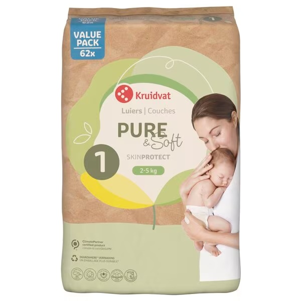 Kruidvat Pure & Soft пелене за новорођенчад величине 1, повољно паковање<br>Величина 1 (2-5 кг), 62 комада