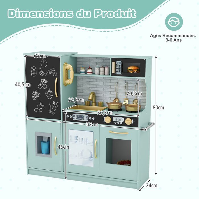 Cocina de juguete de madera COSTWAY para niños de 3 a 6 años con teléfono, pizarra, microondas, máquina de hielo y 7 accesorios - Verde