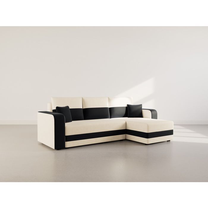 Harvey - Divano letto angolare reversibile a 4 posti con contenitore, in tessuto bicolore - Nero / Beige