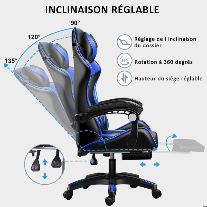 Sedia da gaming ergonomica con cuscino lombare massaggiante, poggiapiedi, schienale regolabile in altezza e inclinazione, portata massima 150 kg.