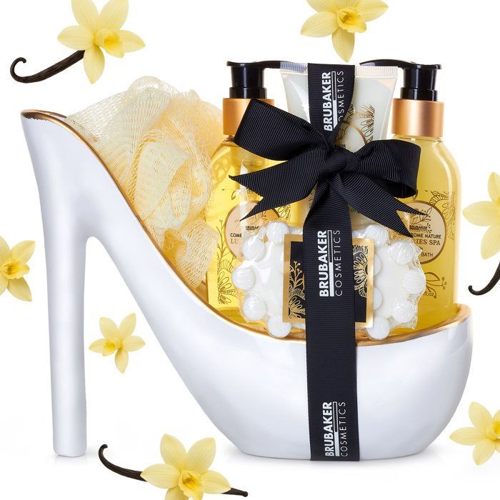 BRUBAKER Cosmetics - Coffret de bain & beauté - Vanille - 6 Pièces - Escarpin décoratif - Blanc/Doré - Idée cadeau Femme