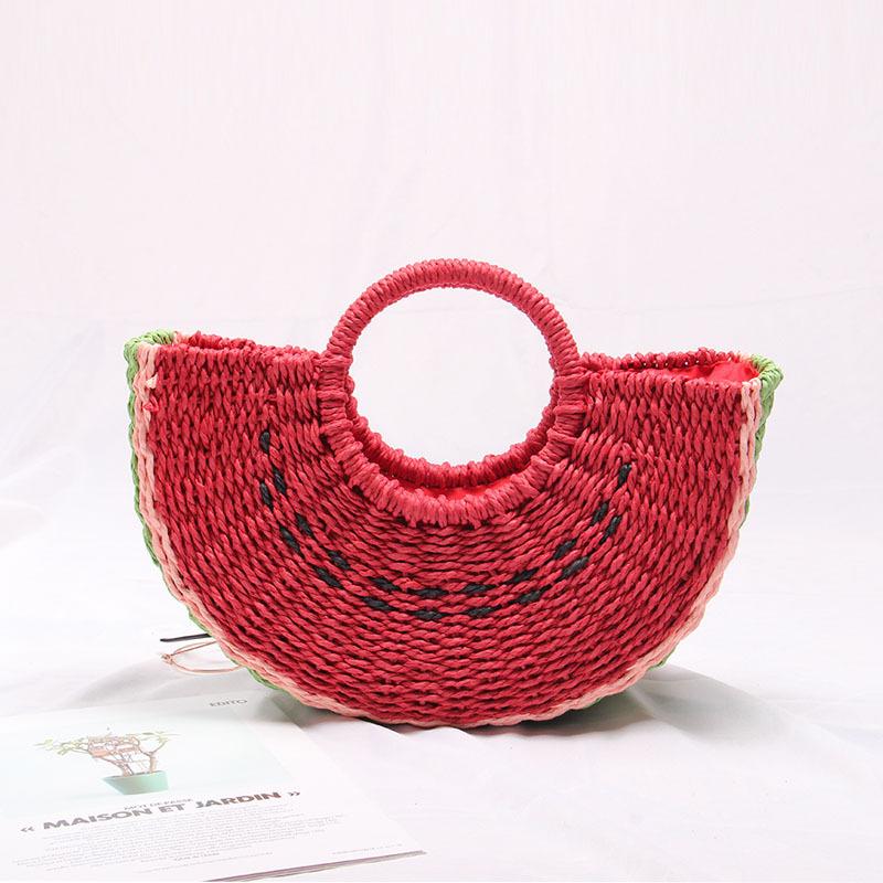 Sac de plage en paille pour femme, portable, mignon, motif pastèque, nouveau sac tissé à la main tendance