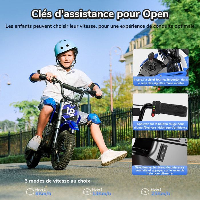 Moto électrique Enfant A12-Bleue-12''-350W-36V5,2 Ah-Charge Maximale 70 kg-Trois Vitesses-Sonnette-Autonomie 22 km-Tout terrain