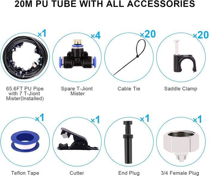 Kit d’Irrigation système de brumisateur extérieur 20m avec 23 Buses de Brume avec Joint en T, système de Refroidissement.[Q1141]