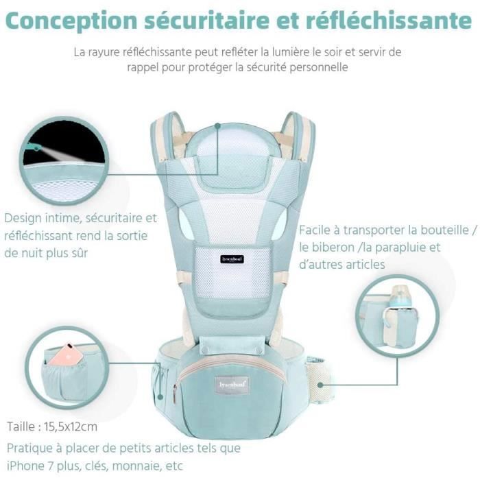 Portabebés ergonómico con capucha extraíble, cómodo, transpirable y ajustable, de algodón - Azul - 0-36 meses