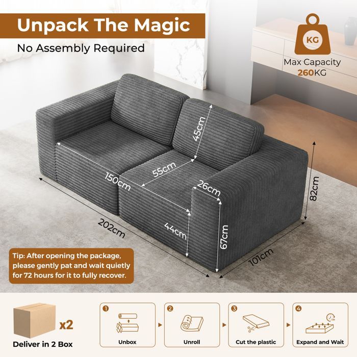 Sofá modular de 2 lugares em veludo cotelê, com 2 almofadas, 202x101x82cm, cinza