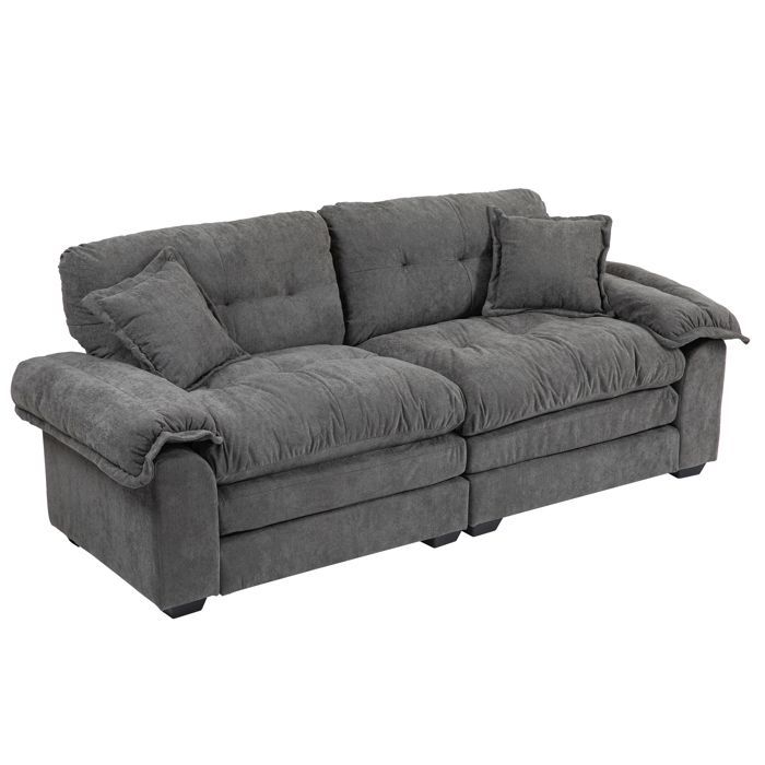 MEUBLIV Double Sofa, Tufted Sofa with 2 Matching Armchair Cushions, 213.4x90.1x87.6 cm, Chenille, Grey