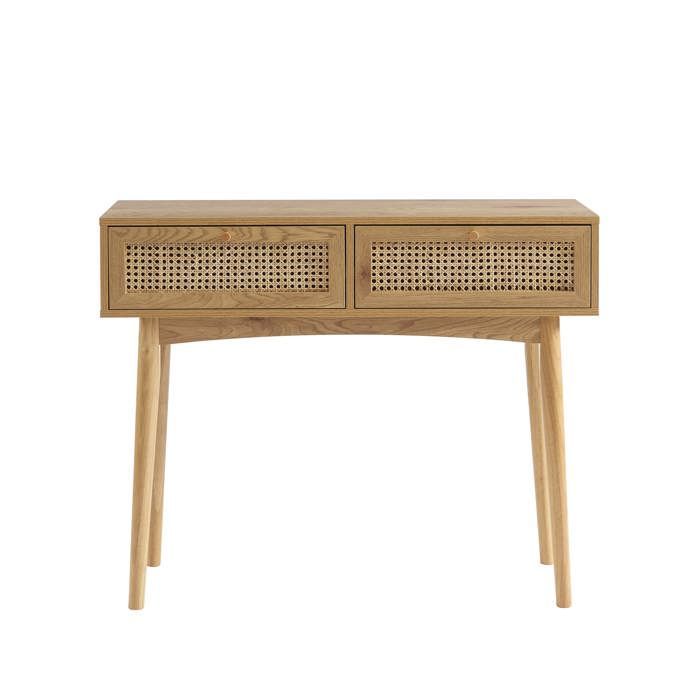 Console INES effet chêne et cannage rotin 2 tiroirs - Bois