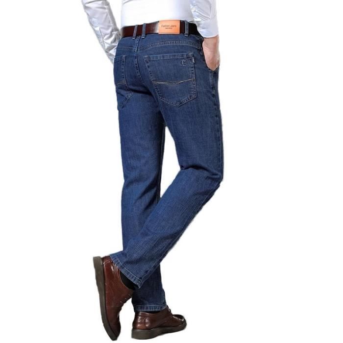 Pantalones vaqueros rectos elásticos para hombre, otoño/invierno, cintura alta, 5 bolsillos, efecto lavado - Azul