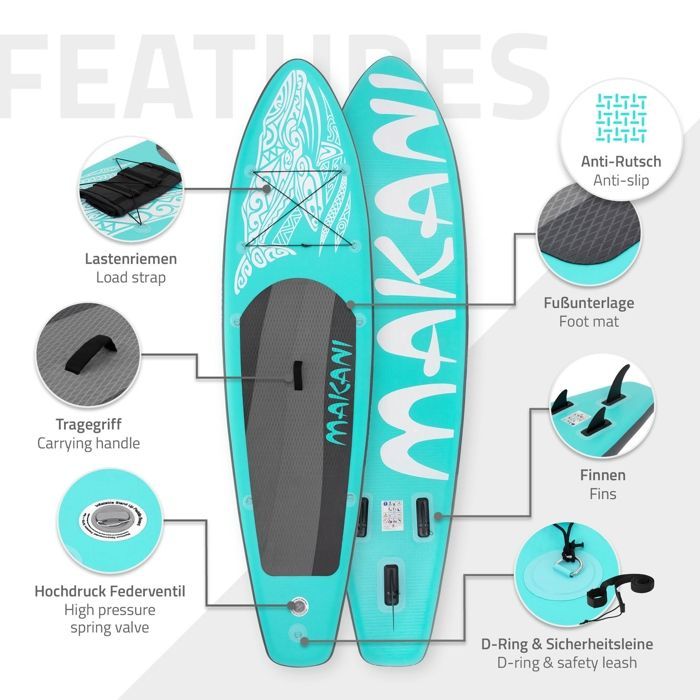 Tavola da Stand Up Paddle gonfiabile Makani di ECD Germany | 320 x 82 x 15 cm | fino a 150 kg | PVC | Turchese