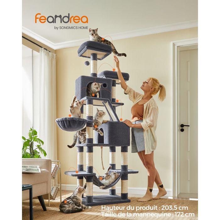 Arbre à Chat, Hauteur 203,5 cm, avec 13 Griffoirs, 2 Plate-forme, 2 Niches, Multi-niveaux pour Chat d'Intérieur, Gris Anthracite