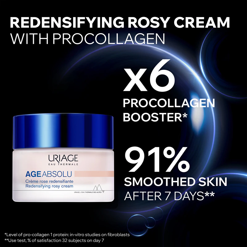 Uriage Age Absolu Creme Redensificador Rosy: creme antirrugas iluminador com efeito lifting e ácido hialurônico.