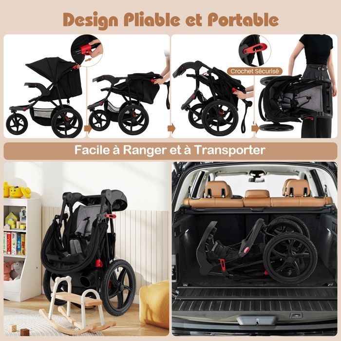 Cochecito plegable para bebé COSTWAY - Parasol ajustable - Asiento reclinable - 3 ruedas de goma con cámara de aire - 48 meses - 22 kg - 5 arneses